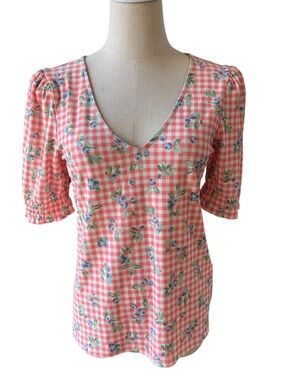 ANTHROPOLOGIE W5 Peach Gingham Top in Blueberry Print